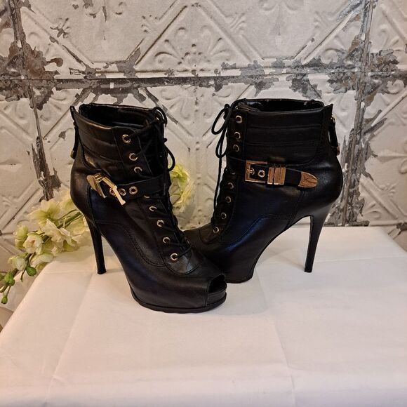 Guess Bieninda Black Leather Peep Toe High Heel Boots Buckle Details 7.5 M - Picture 3 of 15